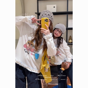 亲子烫钻花边长袖 新款 T恤女童圆领卫衣 2025年秋季 Spring韩国童装