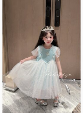 Spring韩国童装2026夏季新款宝宝高定艾莎绣珠网纱礼服女童连衣裙