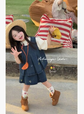 Spring韩国童装2026年春季新款亲子复古水洗牛仔裙套装女童两件套