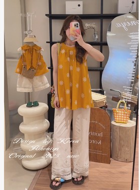 Spring韩国童装2026年夏季新款亲子黄色挂脖钩花轻薄上衣女童裤子