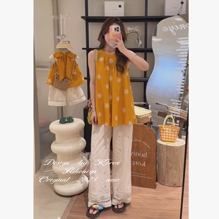 Spring韩国童装2025年夏季新款亲子黄色挂脖钩花轻薄上衣女童裤子