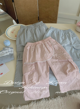 Spring韩国童装2025春季亲子休闲设计感韩版屁帘工装裤女童休闲裤