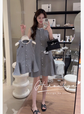 Spring韩国童装2025夏季新款刺绣花朵亮片领口设计亲子连衣裙韩版