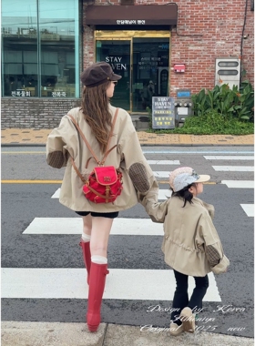 Spring韩国童装2025年秋季新款亲子复古拼接收腰风衣女童休闲外套