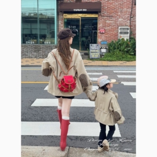 亲子复古拼接收腰风衣女童休闲外套 新款 Spring韩国童装 2025年秋季