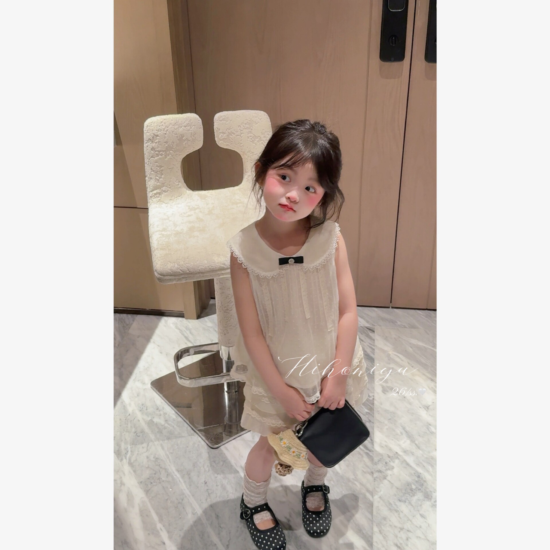 Spring韩国童装2026夏季新款亲子法式小香风波点蕾丝女童马甲套装