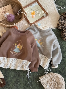 Spring韩国童装2025年秋冬新款亲子蕾丝拼接加绒卫衣女童加厚T恤