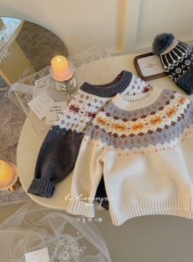 Spring韩国童装2025冬季新款亲子费尔岛提花绵羊绒毛衣女童针织衫