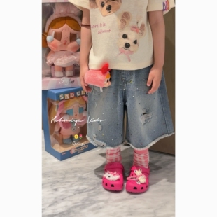 亲子彩色烫钻破洞牛仔裤 Spring韩国童装 2026年夏季 新款 女童七分裤