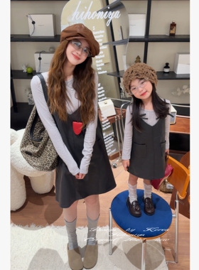 Spring韩国童装2025秋季新款亲子简约打底衫套装女童吊带裙两件套