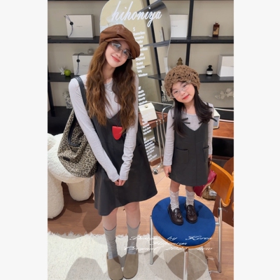 Spring韩国童装2025秋季新款亲子简约打底衫套装女童吊带裙两件套