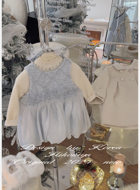 Spring韩国童装2024冬季新款甜美重工蓝色羽毛无袖纱裙韩版宝宝款