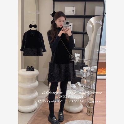 Spring韩国童装2024秋冬亲子款无袖丝绒拼接韩版背心裙女童连衣裙