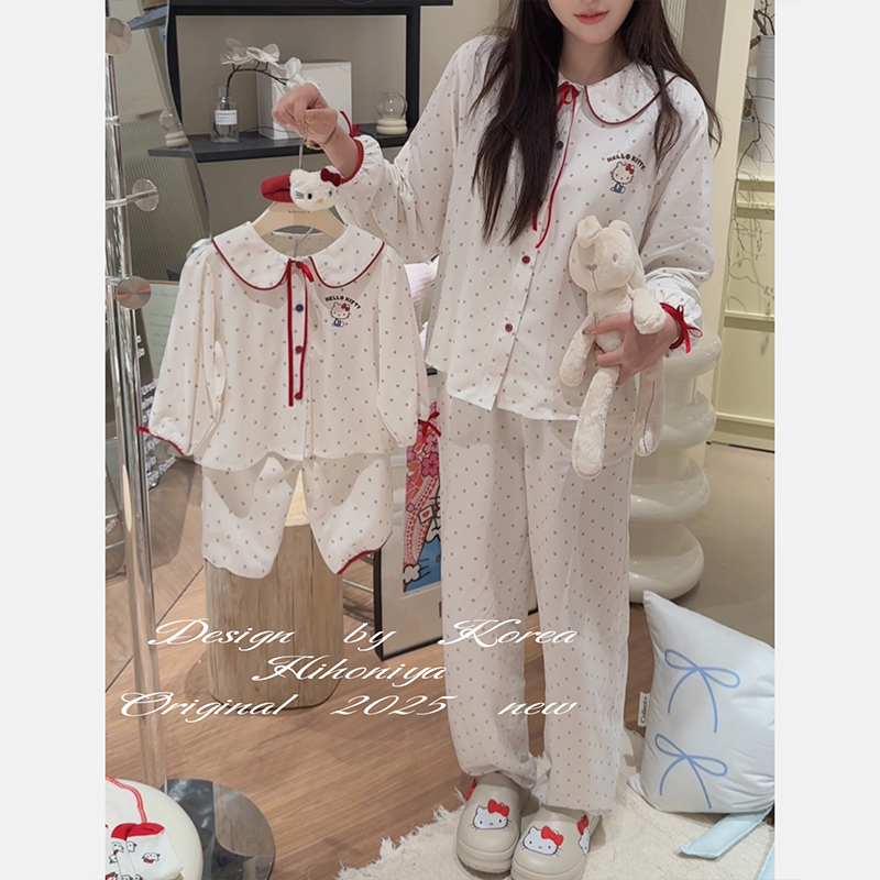 Spring韩国童装2025年春季亲子Kitty波点家居服韩版套装女童睡衣