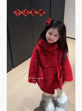 Spring韩国童装2025年冬季新款宝宝拜年新年红双面呢大衣女童外套