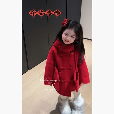 Spring韩国童装2025年冬季新款宝宝拜年新年红双面呢大衣女童外套