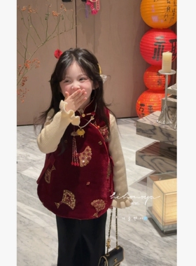 Spring韩国童装2026冬季新款宝宝新年国风丝绒绣宋锦马甲女童马夹