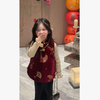 Spring韩国童装2026冬季新款宝宝新年国风丝绒绣宋锦马甲女童马夹