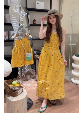 Spring韩国童装2025年夏季新款亲子复古黄色刺绣吊带裙女童连衣裙