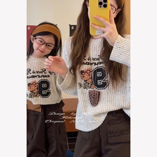 亲子豹纹Kitty圆领毛衣女童针织衫 Spring韩国童装 2025年秋冬新款