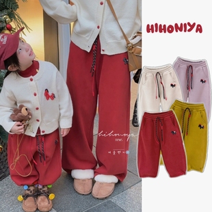 Spring韩国童装2025冬季新款亲子新年小马加绒宽松卫裤女童休闲裤