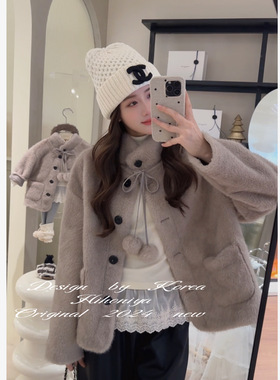 Spring韩国童装2024冬季亲子款毛毛麂皮韩版外套女童保暖加厚上衣