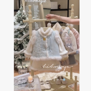 Spring韩国童装2025冬季新款亲子新中式刺绣仿兔毛马甲女童连衣裙