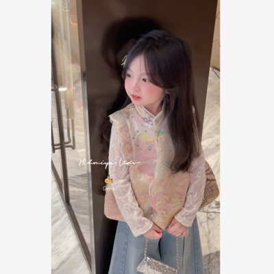Spring韩国童装2026春季新款亲子国风水彩画织锦提花马甲女童坎肩