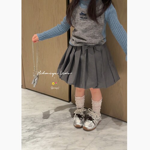 Spring韩国童装2026年春季新款亲子简约学院花苞百褶裙女童半身裙