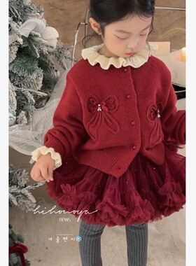 Spring韩国童装2025年冬季新款亲子蝴蝶结针织毛衣开衫女童针织衫