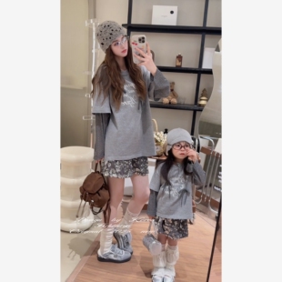 亲子字母假两件圆领T恤女童半身裙 新款 Spring韩国童装 2025年秋季