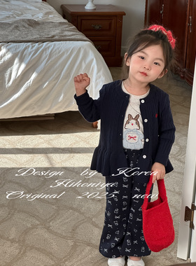 Spring韩国童装2025春季亲子小熊蝴蝶结印花显瘦喇叭裤女童休闲裤