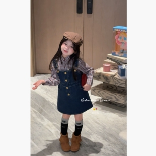 Spring韩国童装2026春季新款宝宝复古文艺衬衫牛仔背带裙女童衬衫