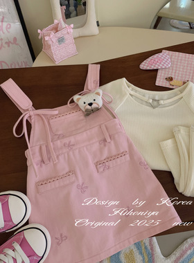 Spring韩国童装2025年夏季新款亲子粉减龄蝴蝶结背带裙女童套装裙