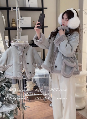 Spring韩国童装2024冬季新款气质保暖麂皮绒机车服外套韩版亲子款