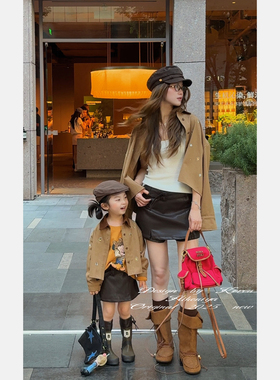 Spring韩国童装2025年秋季新款亲子翻领外套女童半身裙女孩子裙裤