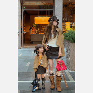 Spring韩国童装2025年秋季新款亲子翻领外套女童半身裙女孩子裙裤