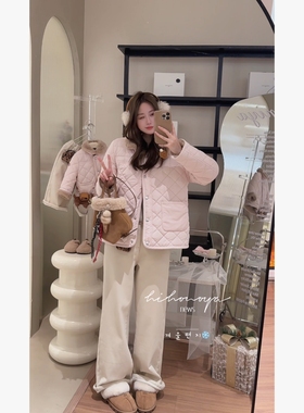 Spring韩国童装2025冬季新款亲子甜美绗棉菱格环保毛女童加厚外套