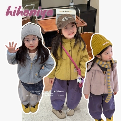 Spring韩国童装2025秋冬新款亲子纯色可爱绒绒外套女童长袖夹克衫