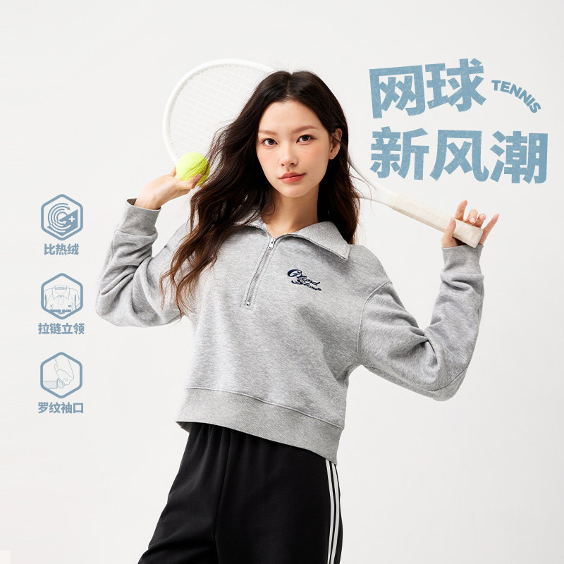 361运动卫衣女2025秋冬新款女士加绒保暖半开襟短款卫衣宽松上衣