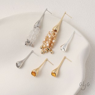 14K电镀真金保色简约长款水滴形喇叭花朵耳钉diy手作耳饰材料配件