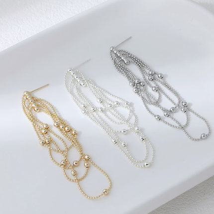 14K电镀真金厚银保色4层流苏耳钉diy手作耳饰材料配件