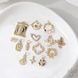 14K电镀真金镶锆玛利亚天使星星花吊坠合集diy耳饰项链材料配件