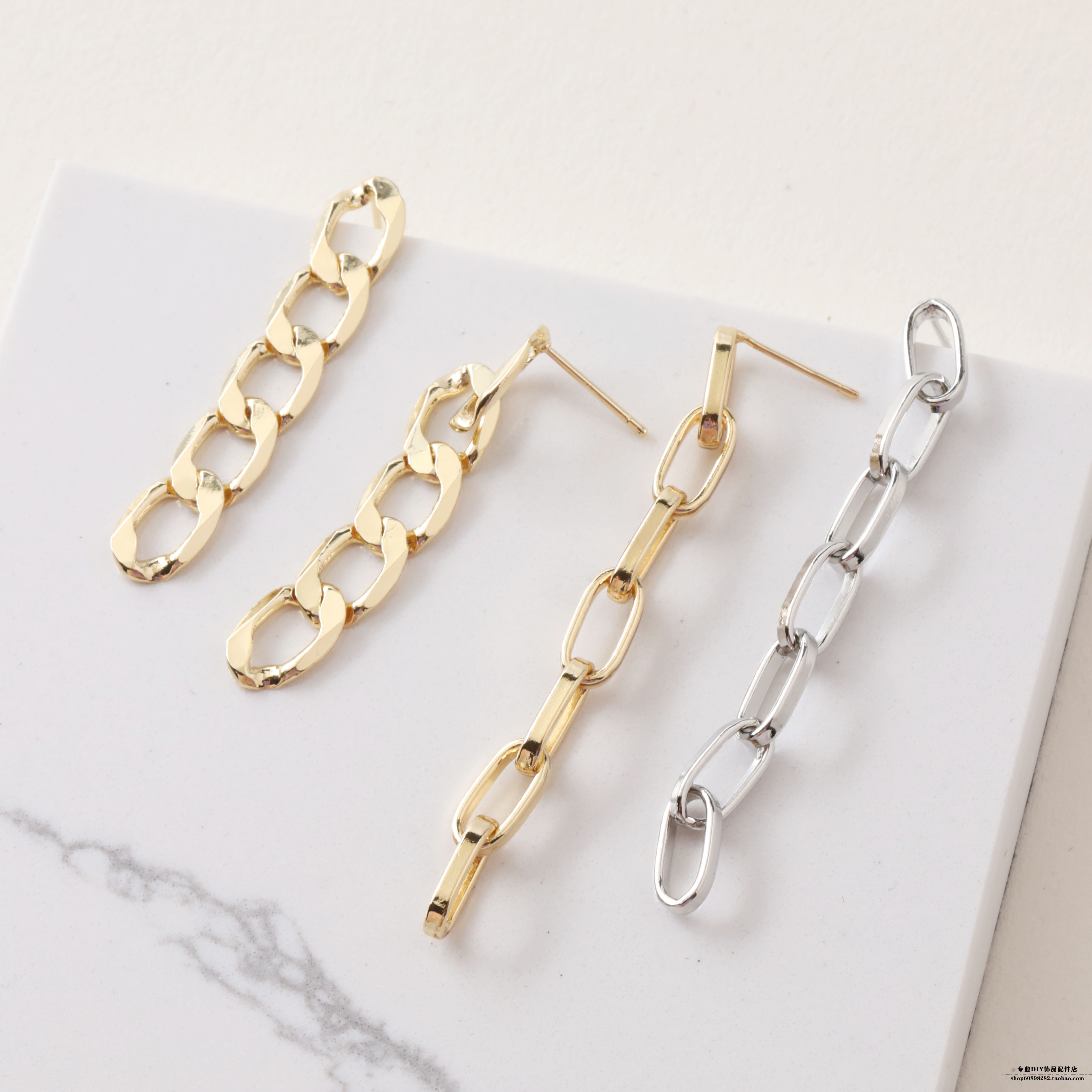 14K包金个性欧美酷girl长款链条银针耳钉耳饰diy手作材料配件