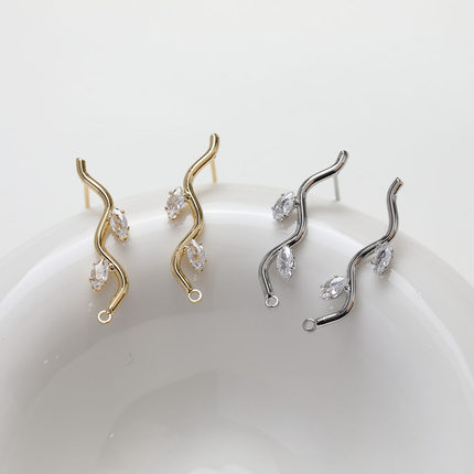 14K电镀真金保色波浪锆石耳钉diy手作耳饰材料配件