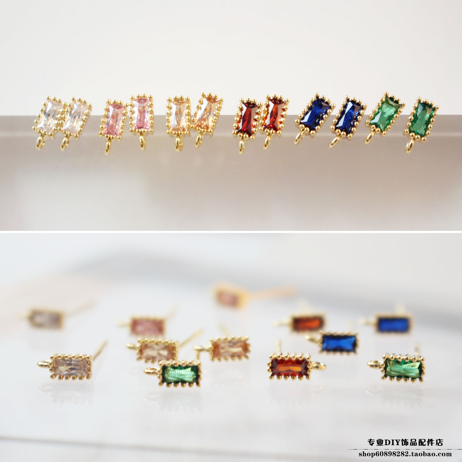 diy金色长方形复古锆石银耳钉