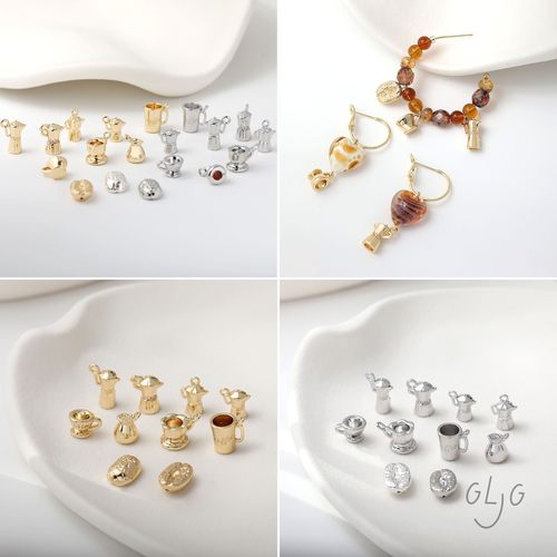 14K电镀真金复古咖啡系列牛奶咖啡壶吊坠diy手作耳环项链材料配件