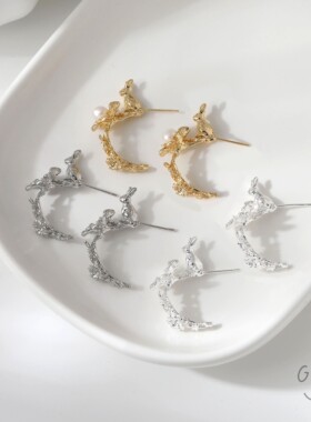 铜镀真金古风可粘珍珠兔子花朵耳环耳钉diy手作耳饰材料配件