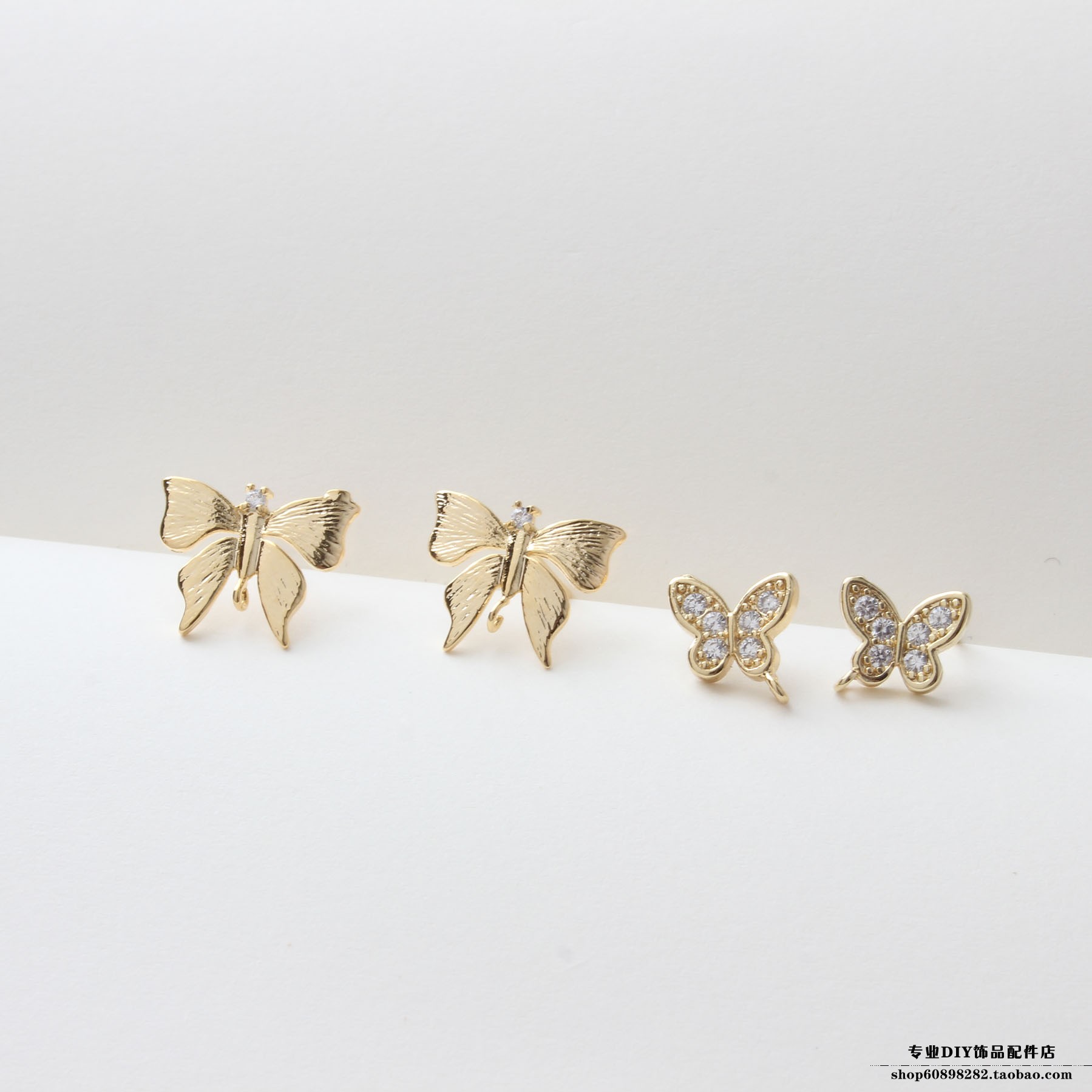 diy真金蝴蝶镶锆石银针耳钉