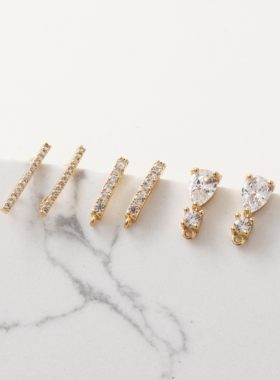 diy包金一字水滴镶锆石耳钉